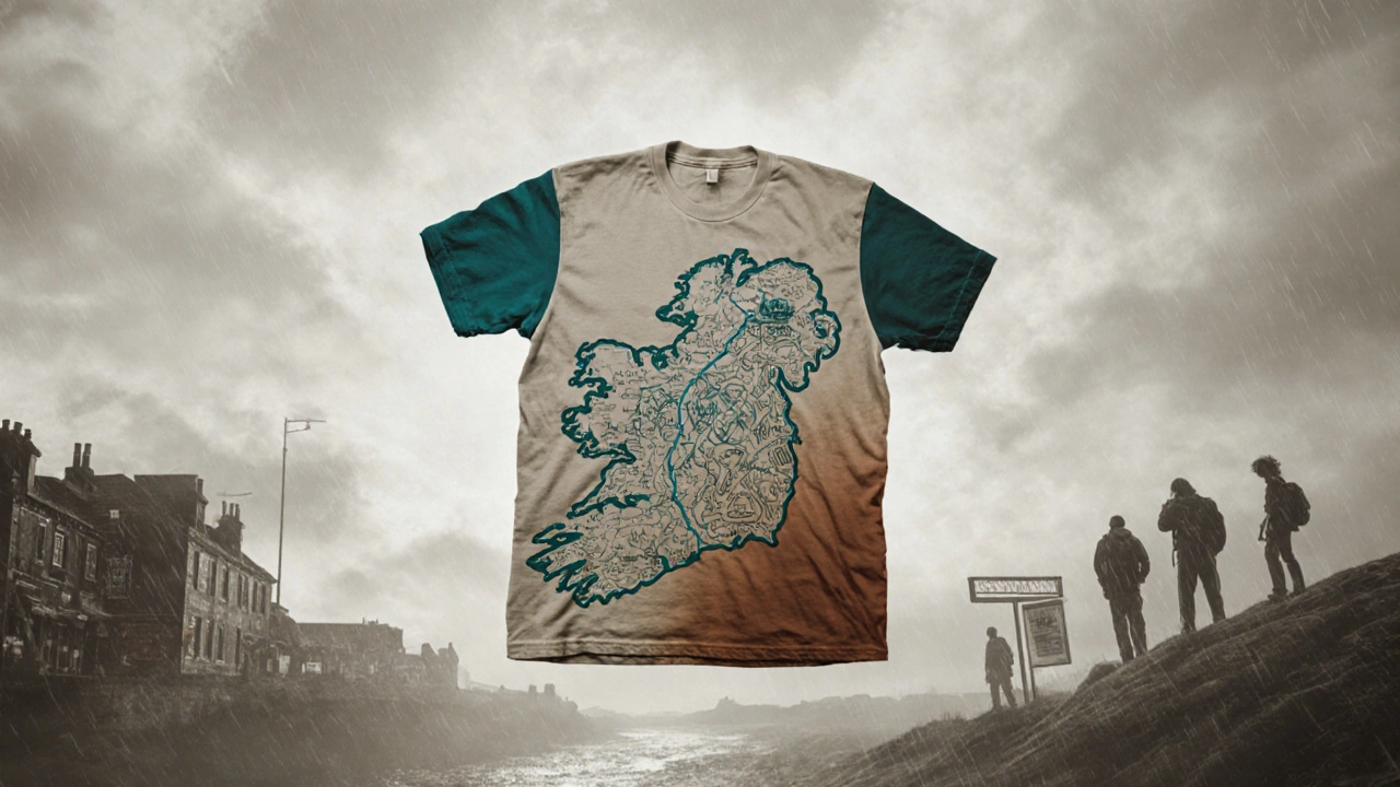 A single Irish t-shirt floating mid-air, decorated with Celtic patterns and a map of the Wild Atlantic Way, surrounded by weather elements.