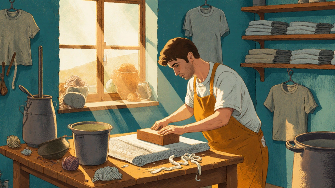 Artisan hand-printing a t-shirt in a Donegal workshop with yarn and dye pots nearby.