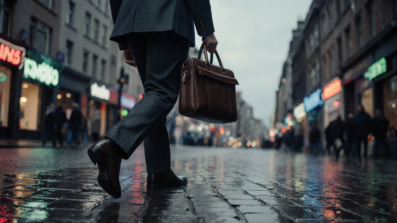 Businessman in charcoal suit with subtle pick stitching walking on rainy Grafton Street.