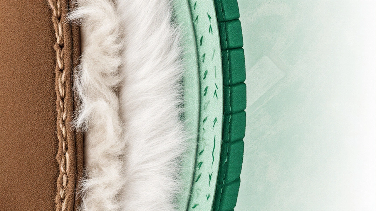 Close‑up cross‑section of a UGG boot showing sheepskin layers and moisture‑wicking fibers.