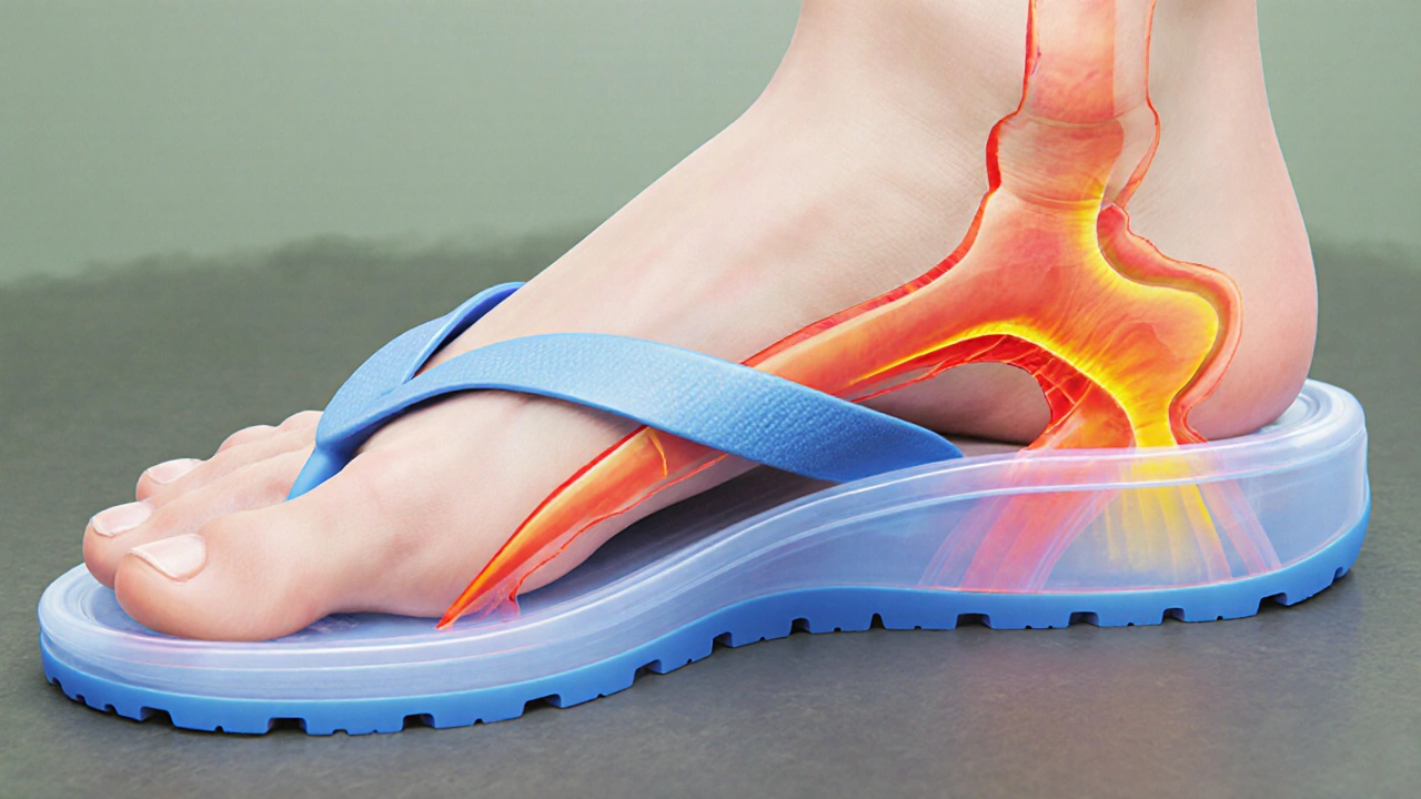 Close‑up of a foot in a flip‑flop showing arch collapse and toe strain.