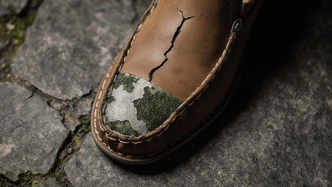 Close‑up of a leather slipper showing cracks, mold spots, salt stains, and a worn sole.