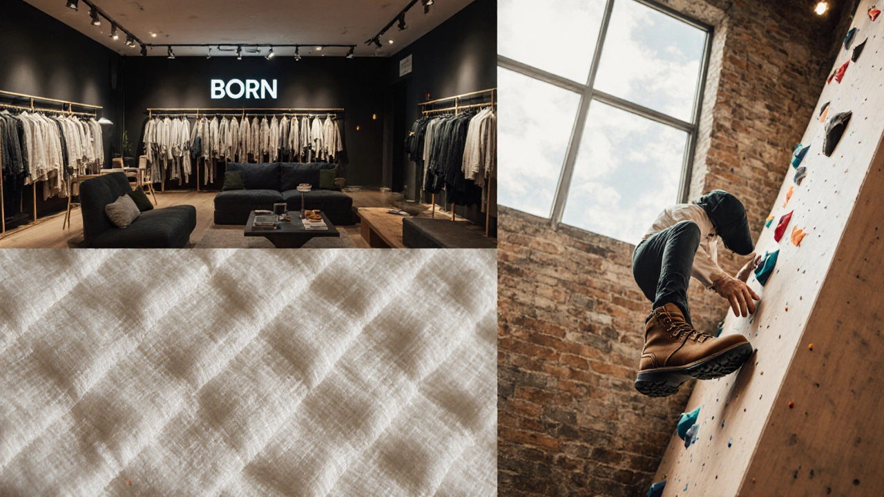 Collage of Born&#039;s lounge with coffee and BOC&#039;s climbing wall, highlighting sustainable materials.