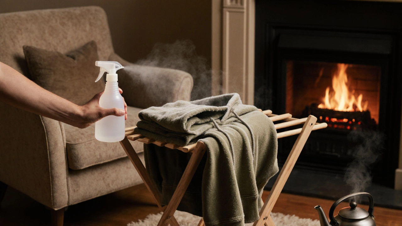 Cozy indoor scene showing a hoodie being misted and hung to dry near a fireplace.