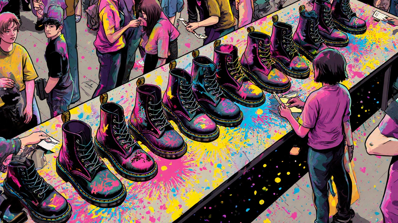 Dr. Martens 1460 boots being spray‑painted at a pop‑up event in Belfast.