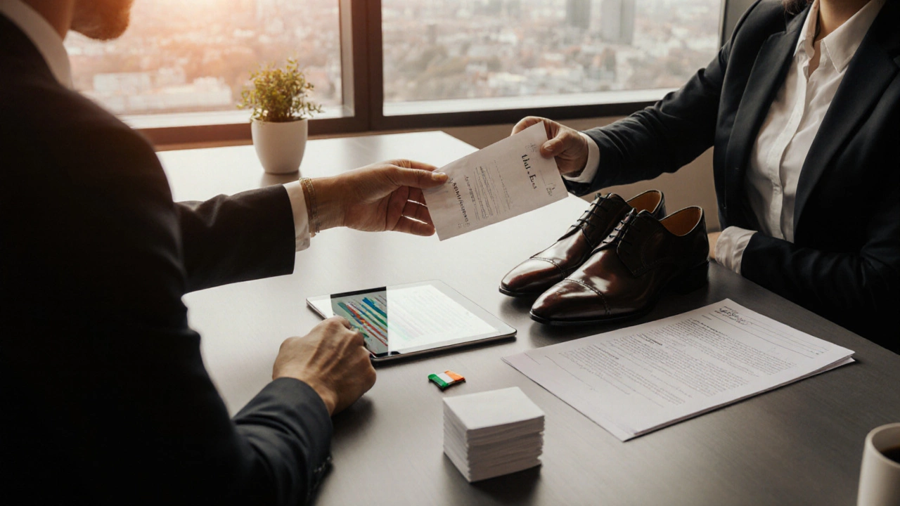 Employee handing receipt and shoes to HR manager in a modern office.