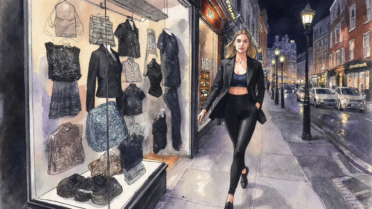 Evening Dublin scene of a woman in athleisure transitioning from gym to a night out.
