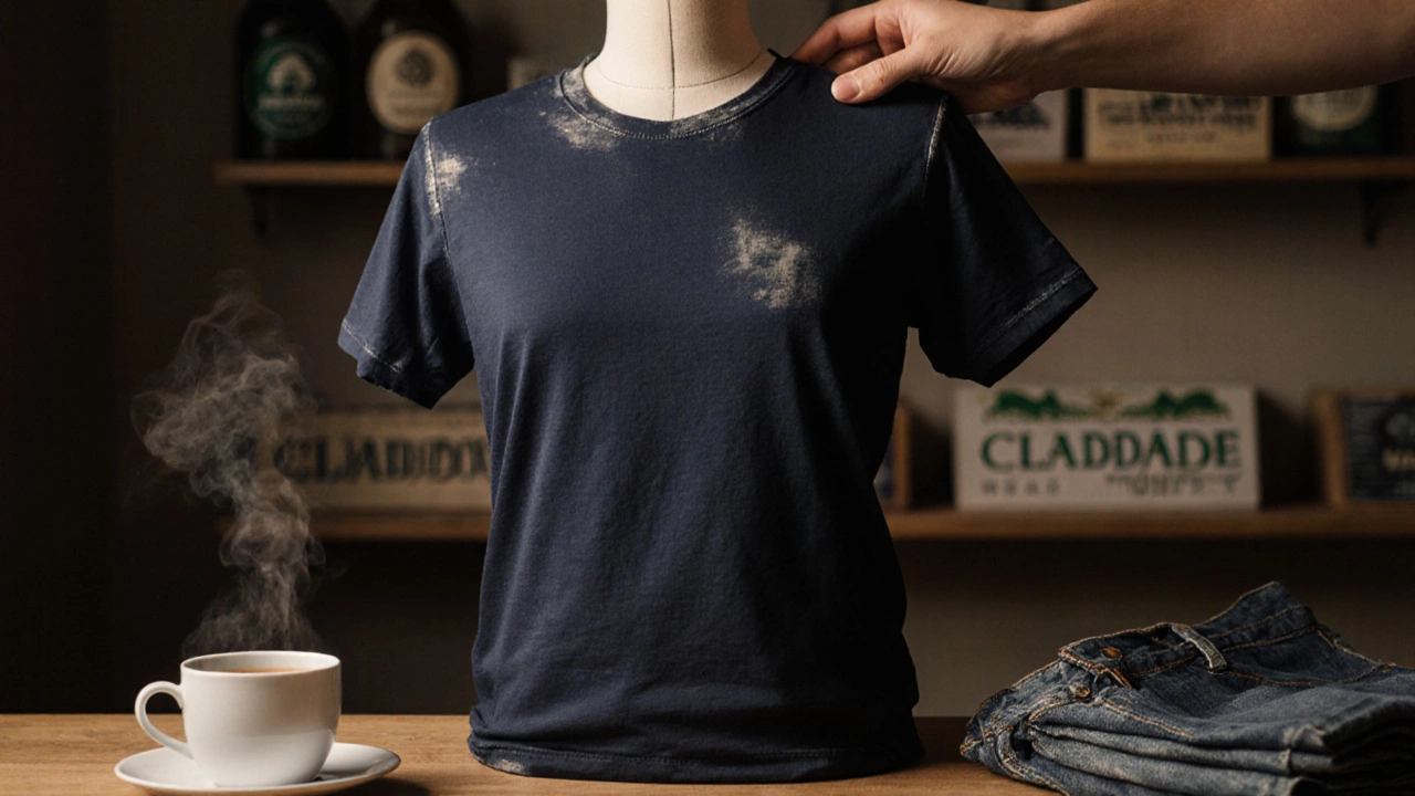 Faded navy fitted t-shirt on wooden table beside tea and jeans, symbolizing long-lasting Irish style.
