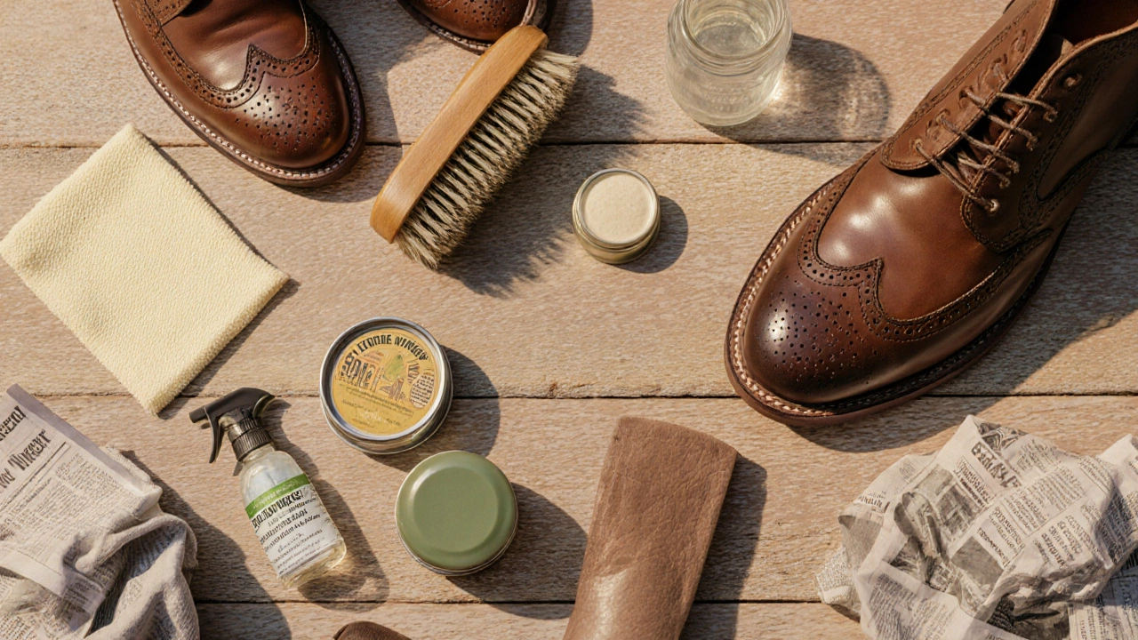 Flat‑lay of leather shoes with brush, conditioner, polish and spray on a wooden table.