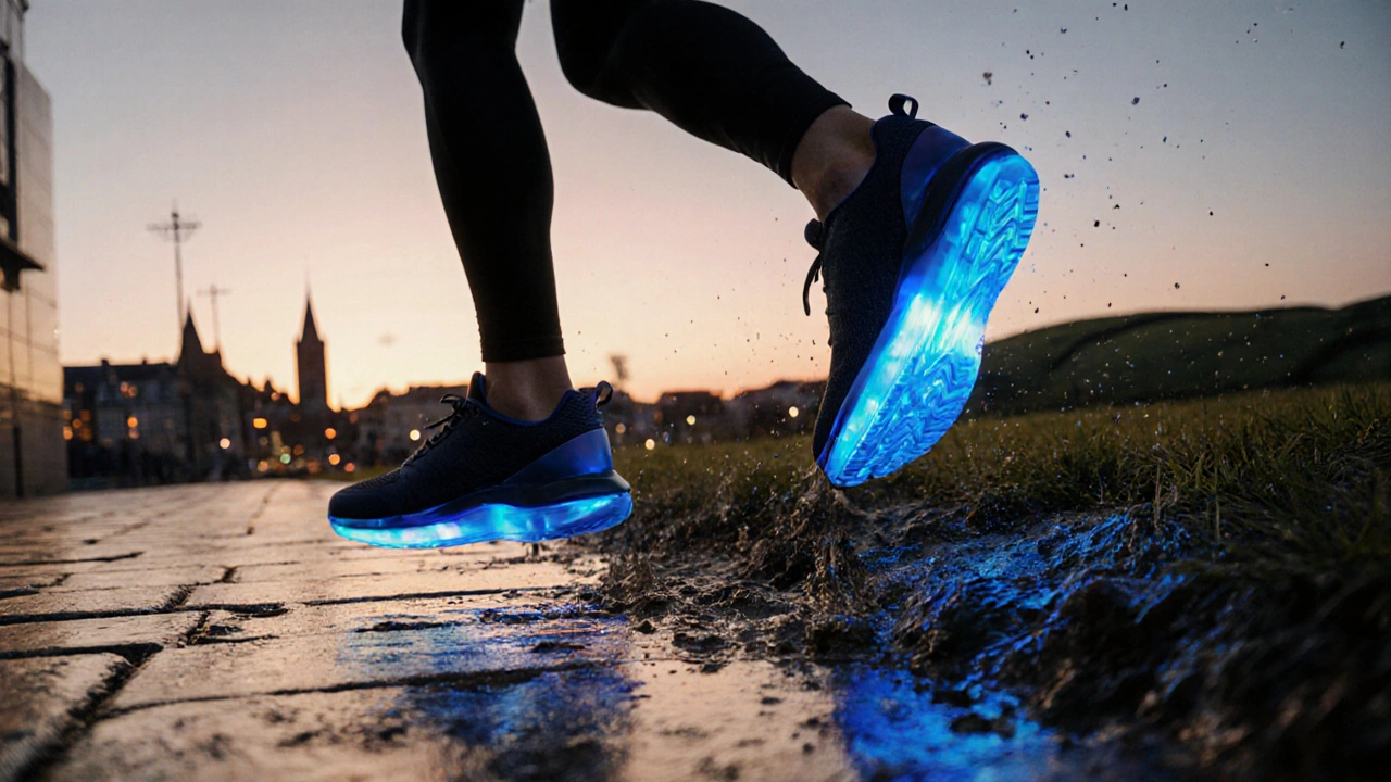 Futuristic sneaker with glowing adaptive heel shifting from city pavement to muddy ground.