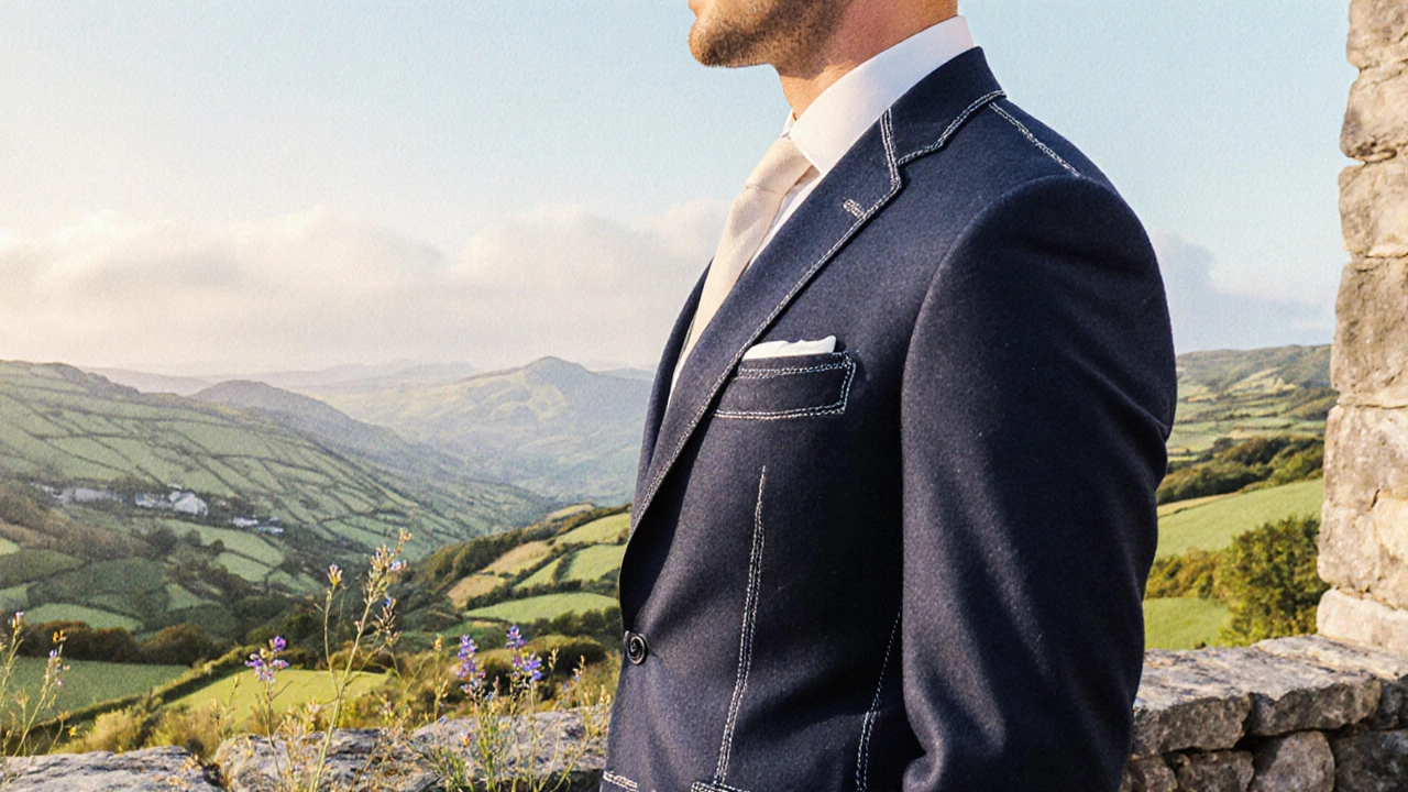 Groom in navy suit with white pick stitching at a Kerry wedding surrounded by green hills.