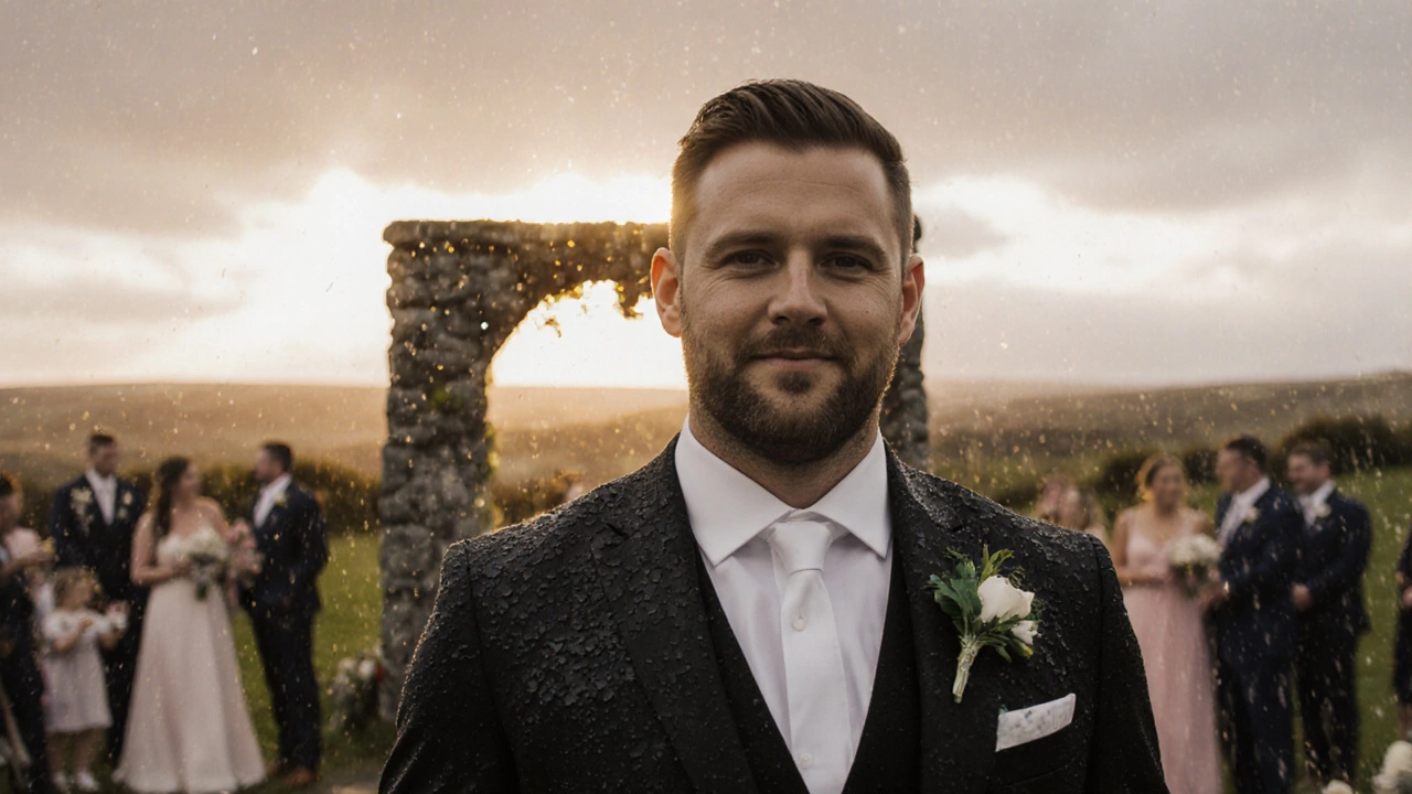 Groom wearing a black suit with a green pocket square at an outdoor Irish wedding.