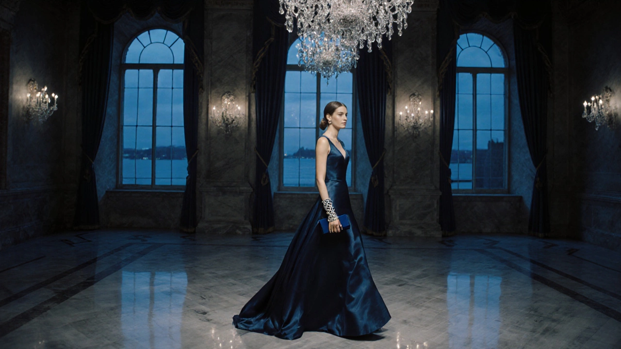 Guest in a navy satin gown at a Dublin Castle charity gala.