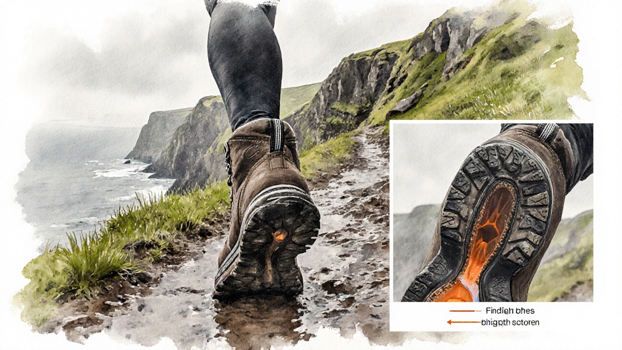 Hiker&#039;s boot on a muddy Dingle cliff path with a cross‑section showing finger test gap.
