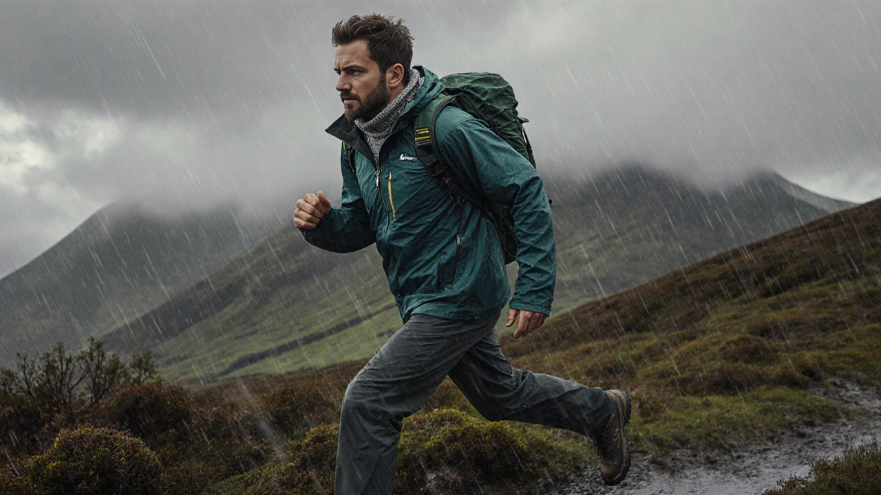 Hiker layered in sportswear trekking up a rainy Wicklow mountain trail.