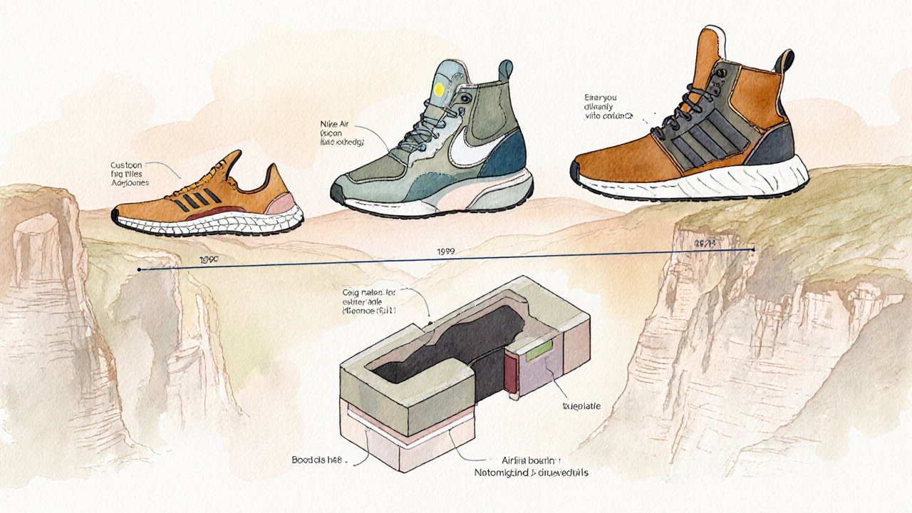 Illustrated cross‑section of a trainer heel showing cushioning layers and historic shoe silhouettes.