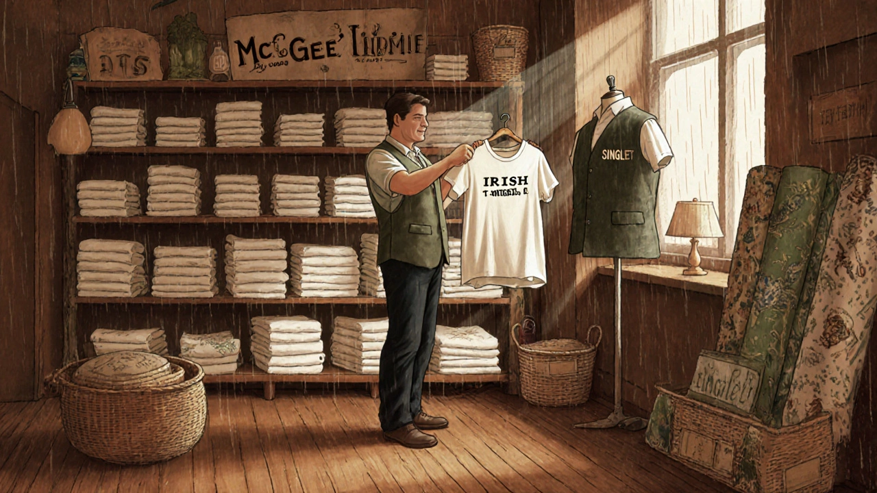 Interior of an Irish shop with cotton tees and wool vests displayed side by side, customer examining a singlet.