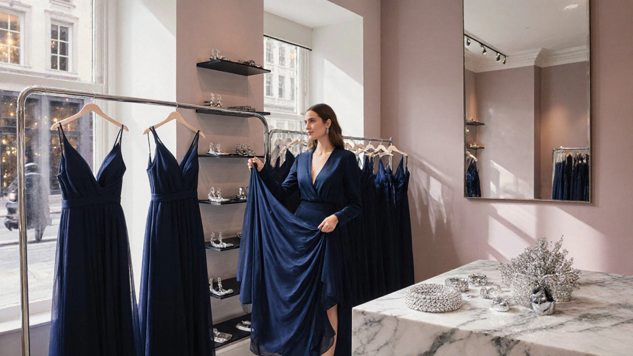 Irish woman selecting a navy dress in a Dublin boutique.