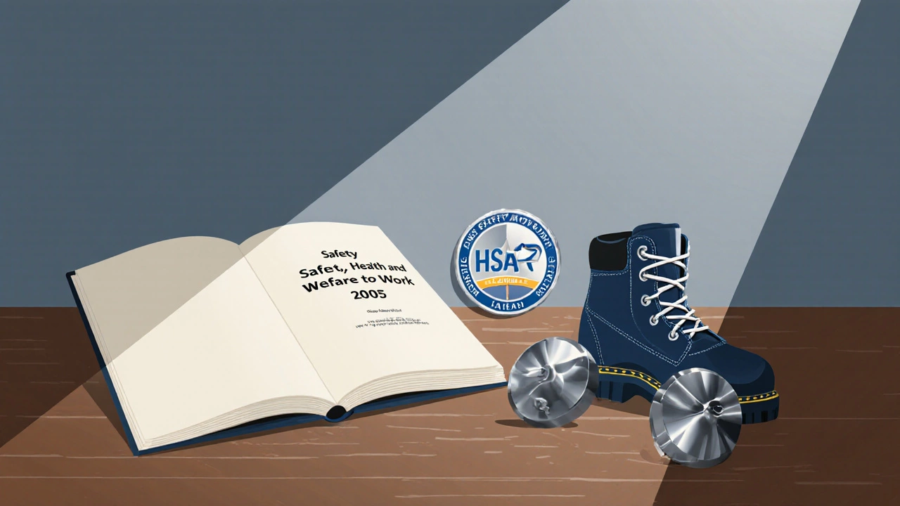 Law book, HSA badge, and safety boots on a desk illustrating work shoe regulations.