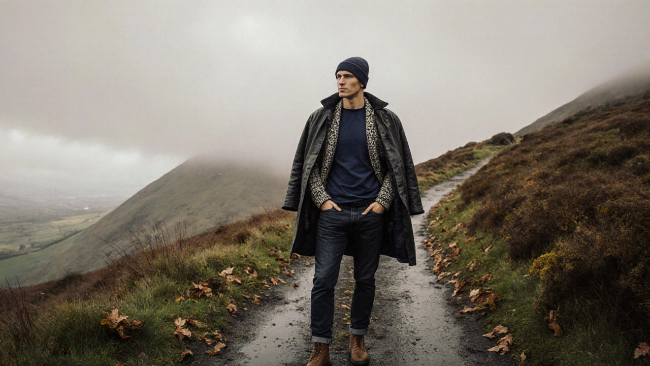 Layered Irish outfit with fitted tee, tweed cardigan, and Barbour jacket on a misty mountain path.