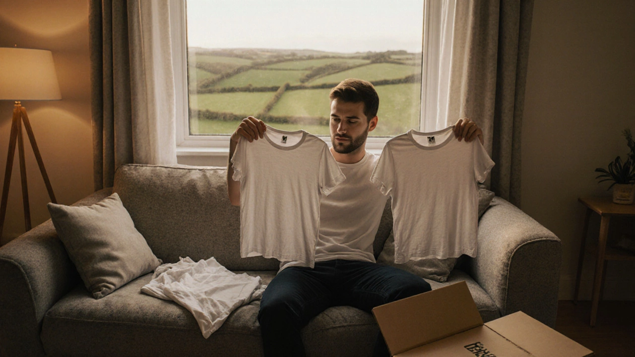 Man at home compares a size M and size L T‑shirt with a parcel nearby.