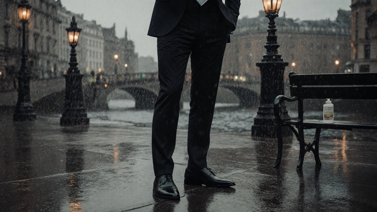 Man in a black suit standing under Irish rain, holding an umbrella.