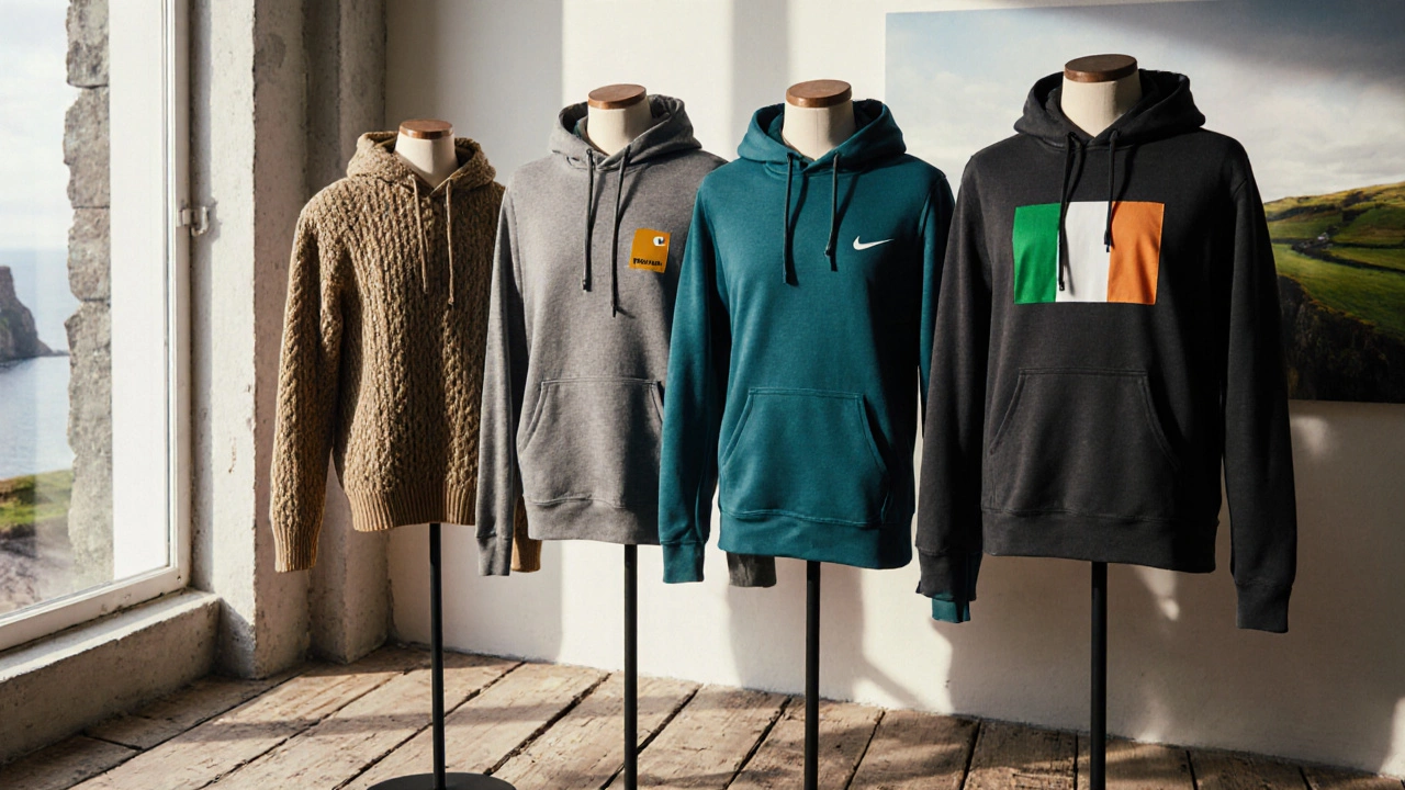 Mannequins displaying five different hoodies in a boutique with a blurred Irish cliff backdrop.