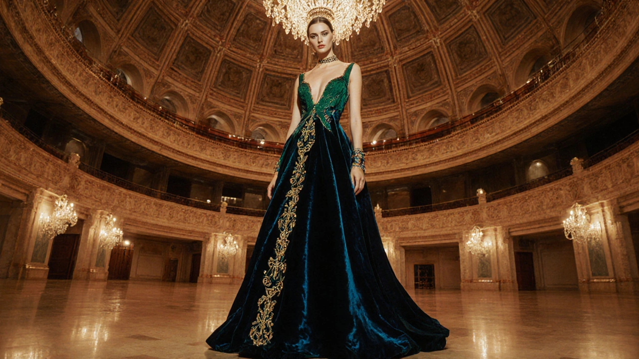 Model in a floor‑length velvet gown with Celtic embroidery beneath a chandelier in the National Concert Hall.