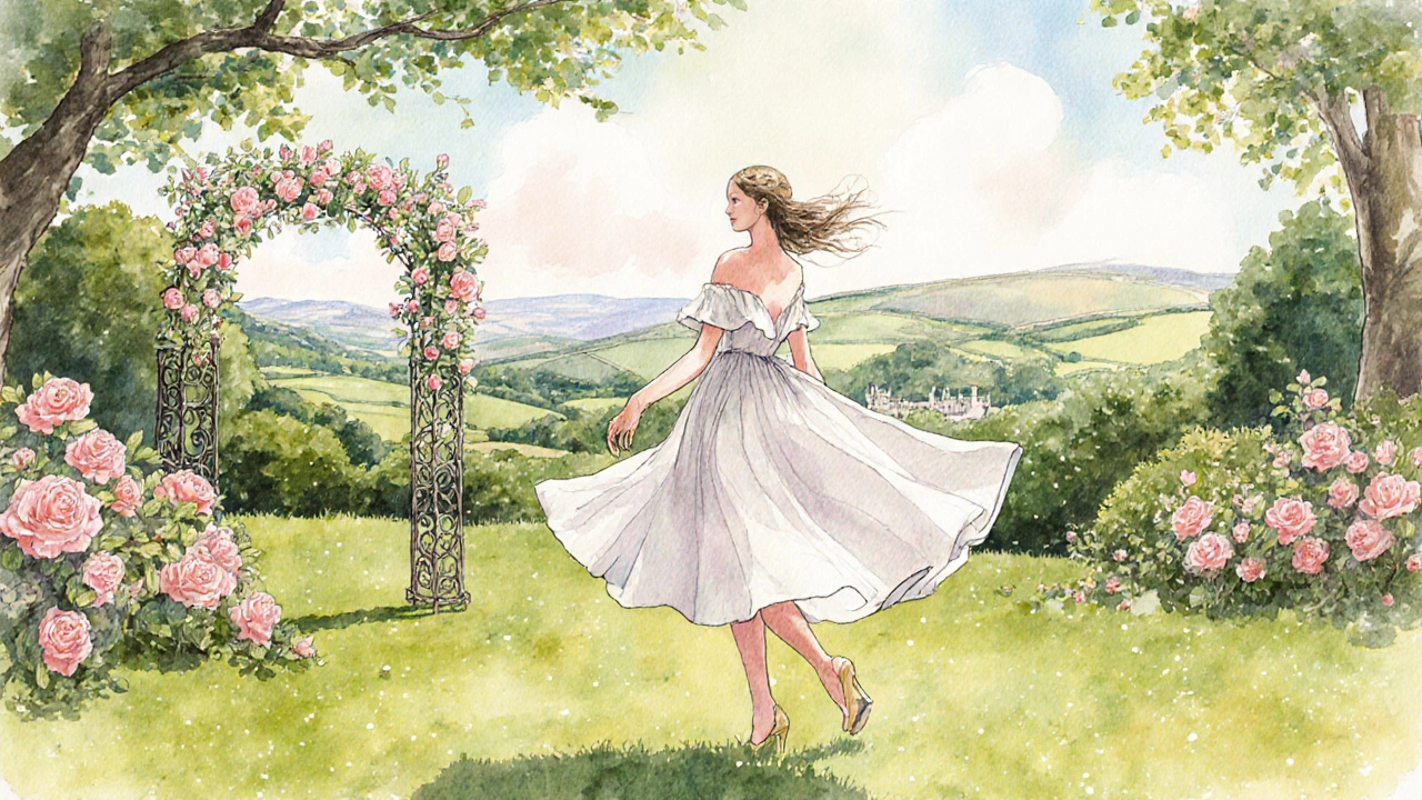 Model twirling in a short linen‑silk dress on a garden lawn at Castletown House, wind lifting the hem.