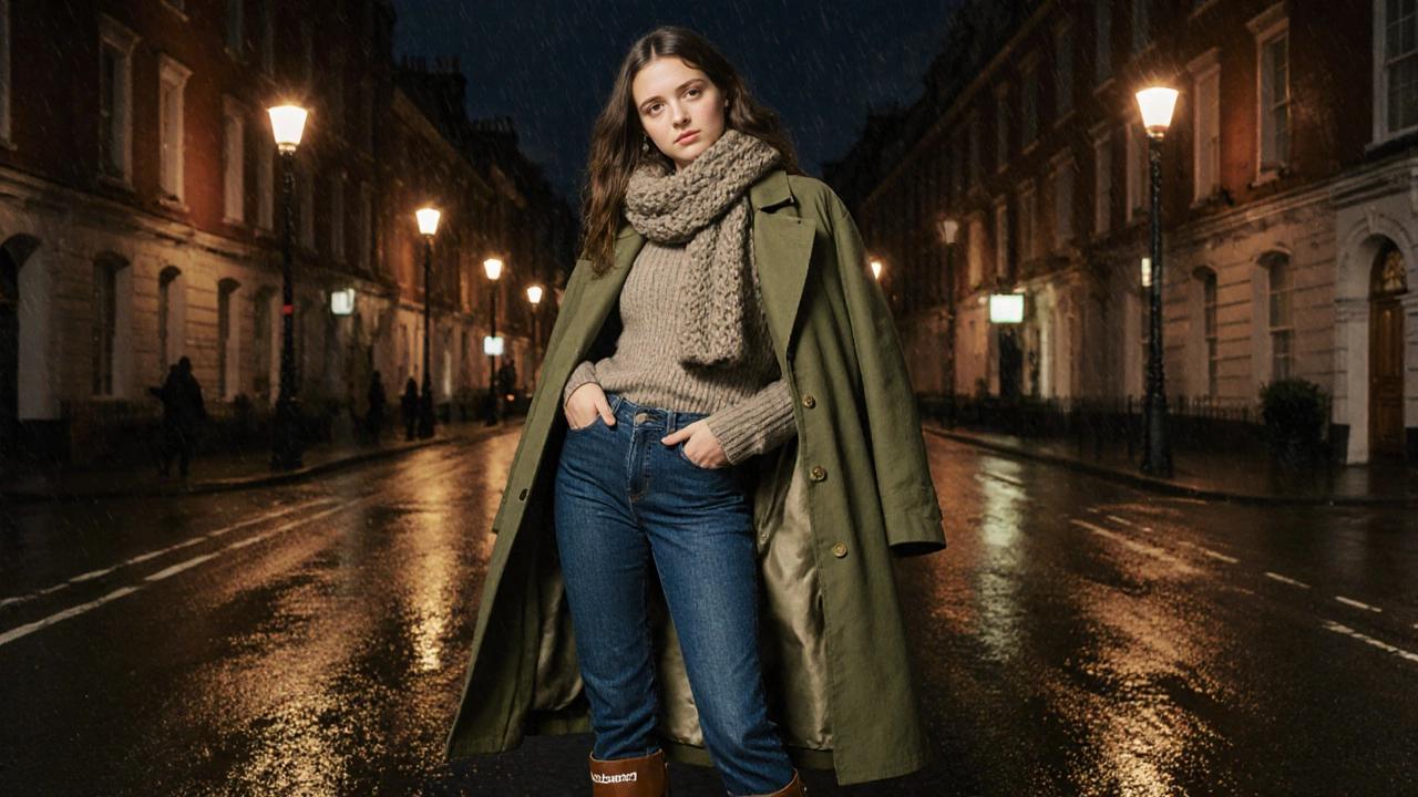 Night portrait of a woman in high‑rise indigo jeans, leather boots, and a raincoat on Harcourt Street.