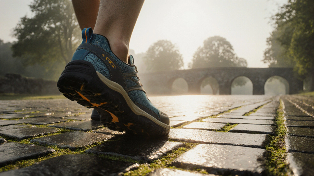Person walking in supportive shoes on misty Phoenix Park cobblestones.
