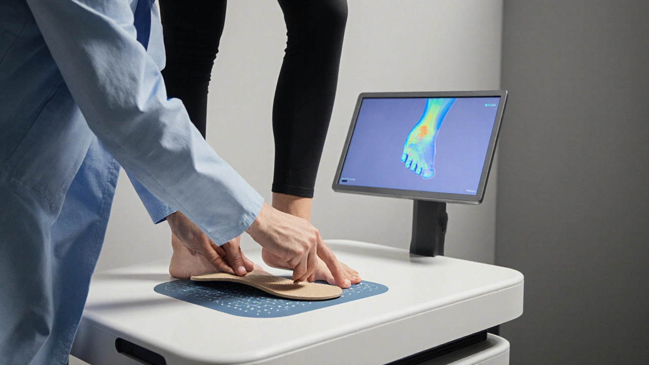 Podiatrist examining a foot on a gait analysis platform in a clinic.