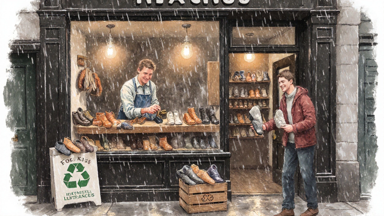 Scene of a Dublin cobbler shop with a customer handing old slippers to a recycler and a new pair on display.
