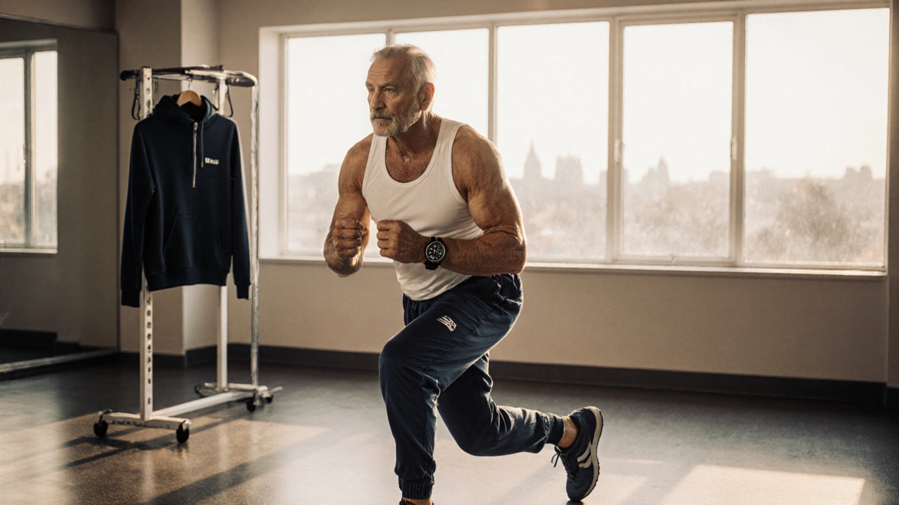 Senior man exercising in a gym wearing a tank top, joggers, trainers and a Timex watch.