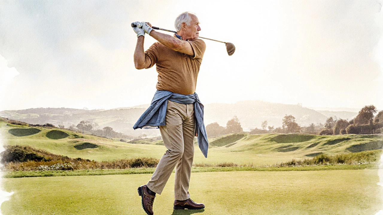 Senior man golfing at Kildare Golf Club in a polo, fleece, windbreaker and golf shoes.