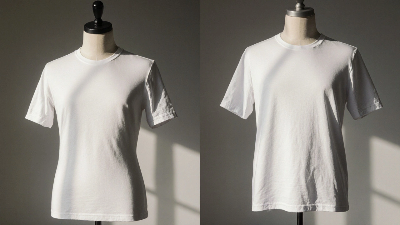 Side‑by‑side view of a fitted size M tee and a looser size L tee on mannequins.