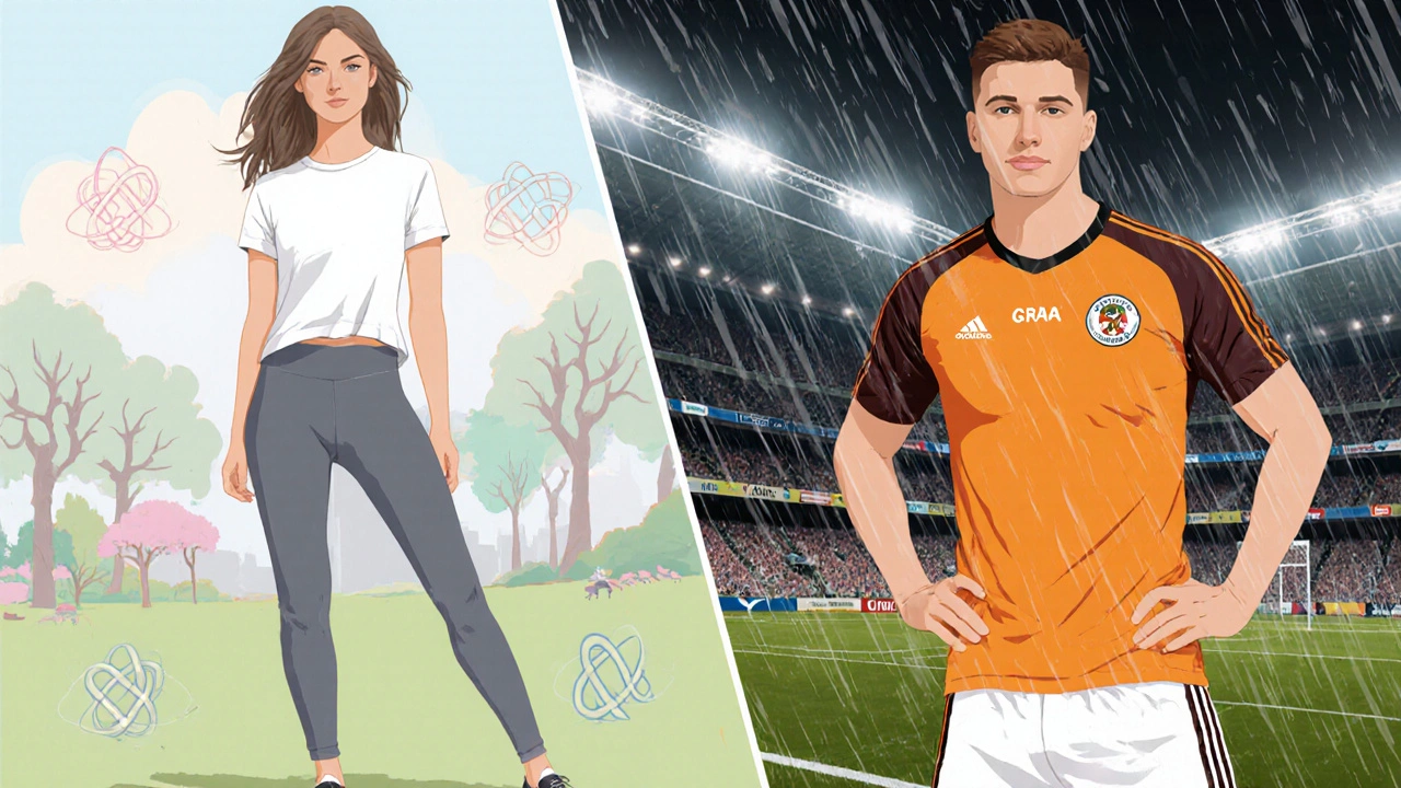Split illustration comparing soft active‑wear leggings with a GAA sports kit on a rainy field.
