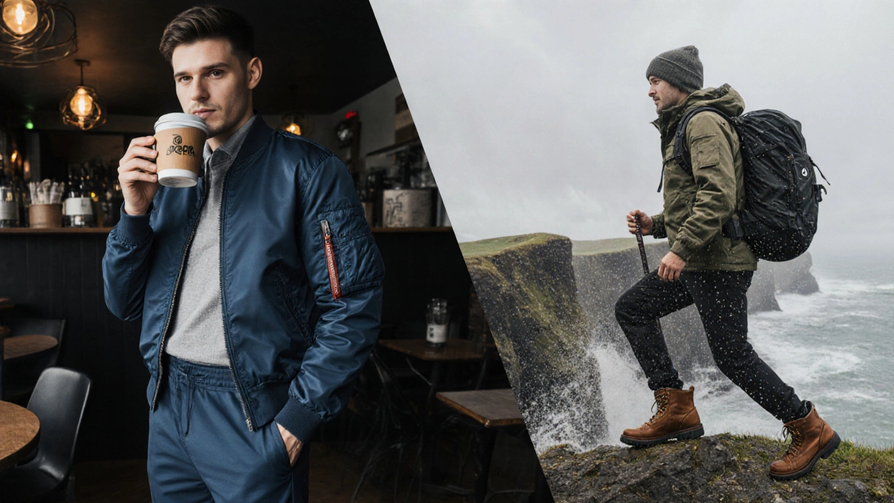 Split scene of a professional in Born apparel at a cafe and a hiker in BOC gear on cliffs.