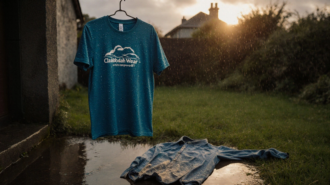 Stormproof t-shirt hanging dry in rain beside a ruined fast-fashion shirt on a wet Irish yard.