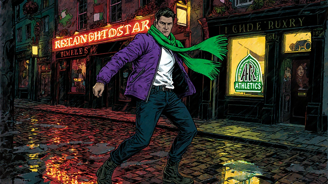 Stylish individual in a technical jacket and Irish scarf strolling through rainy Temple Bar at night.