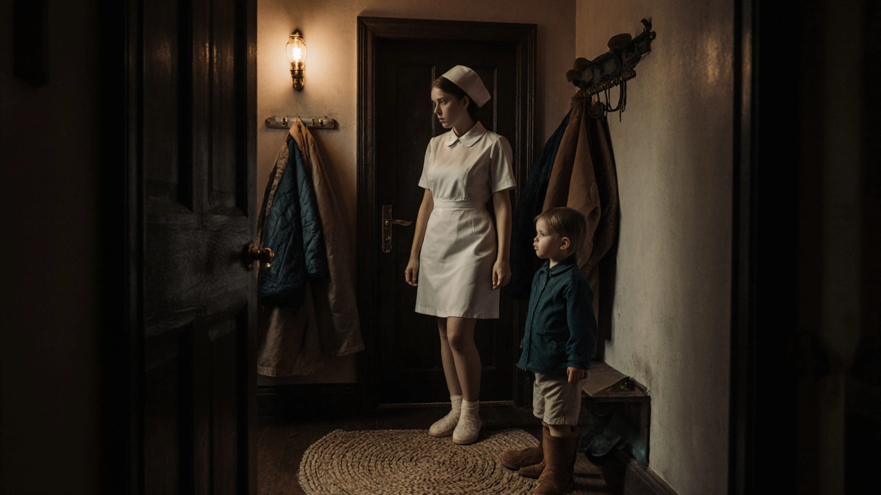 Three generations of an Irish family wearing different slippers in a hallway.