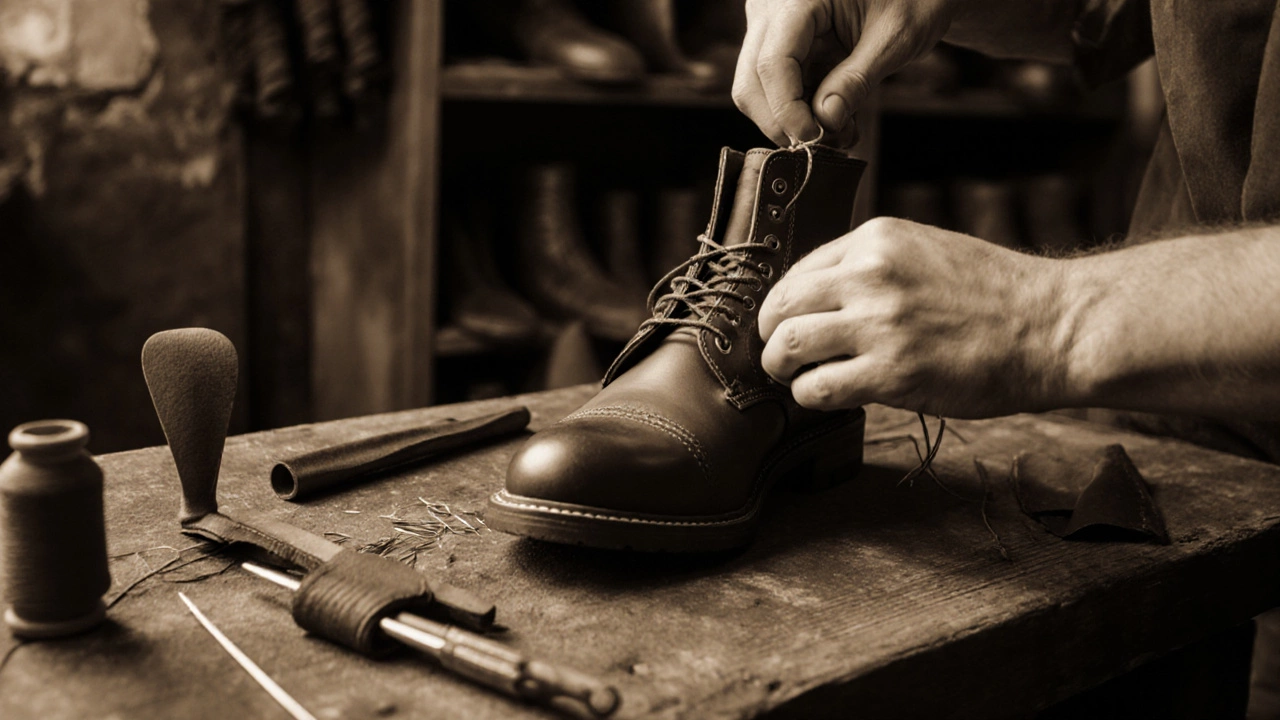 Vintage scene of a cobbler repairing a cracked leather boot in a workshop.