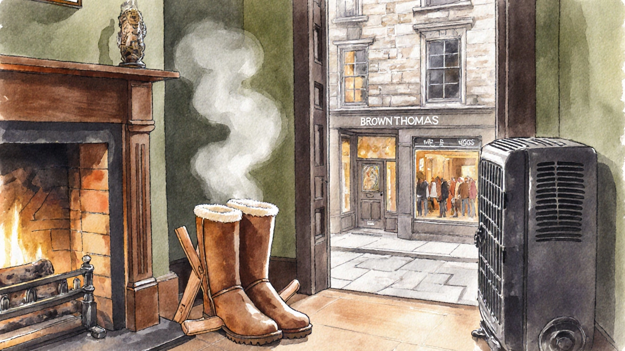 Watercolor of UGG boots on cedar trees by a fireplace, with a hint of a Dublin storefront outside.