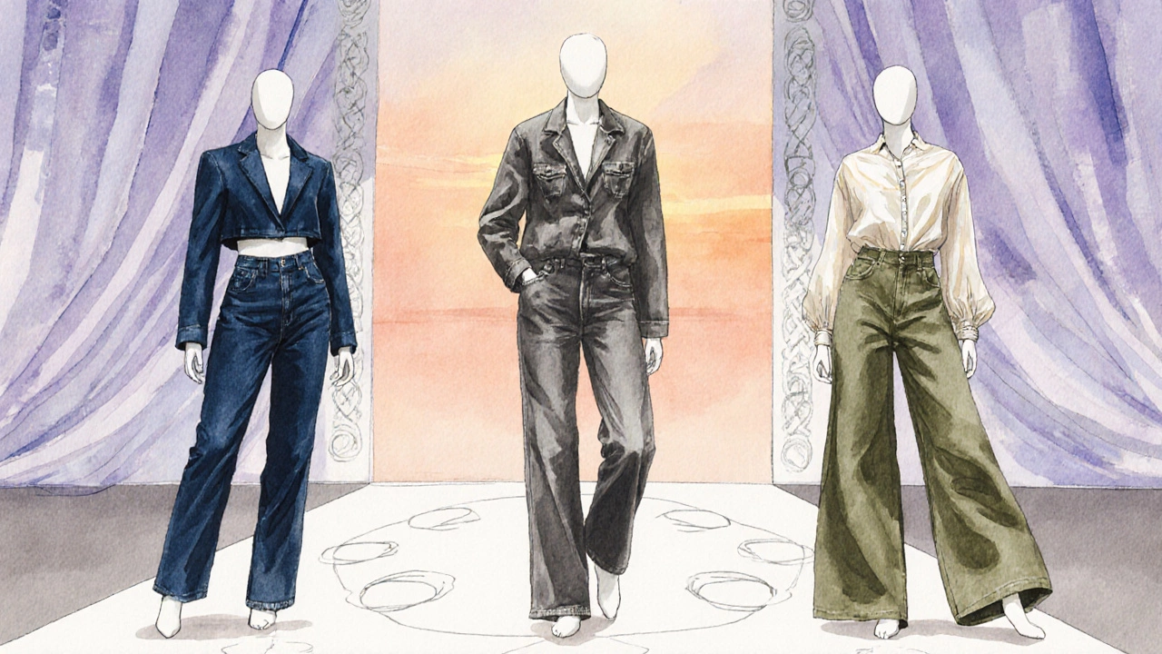 Watercolor runway illustration showing straight‑leg, mom, and wide‑leg denim in muted colours.