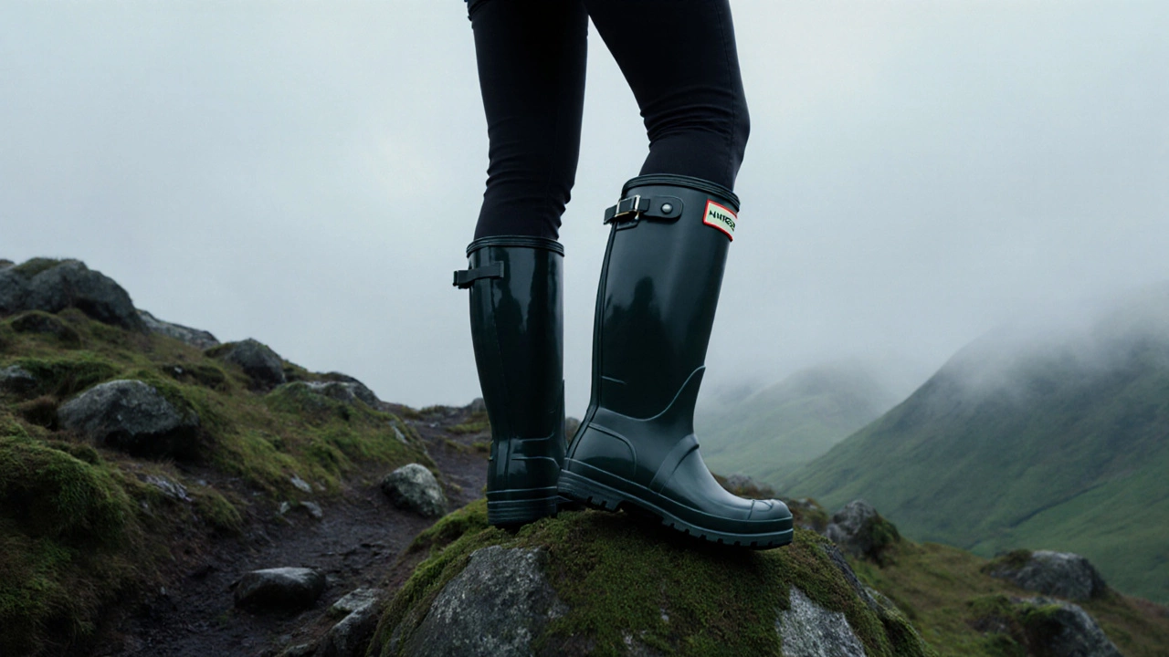 Woman hiking in tall Hunter rubber boots on a misty Wicklow Mountains trail.