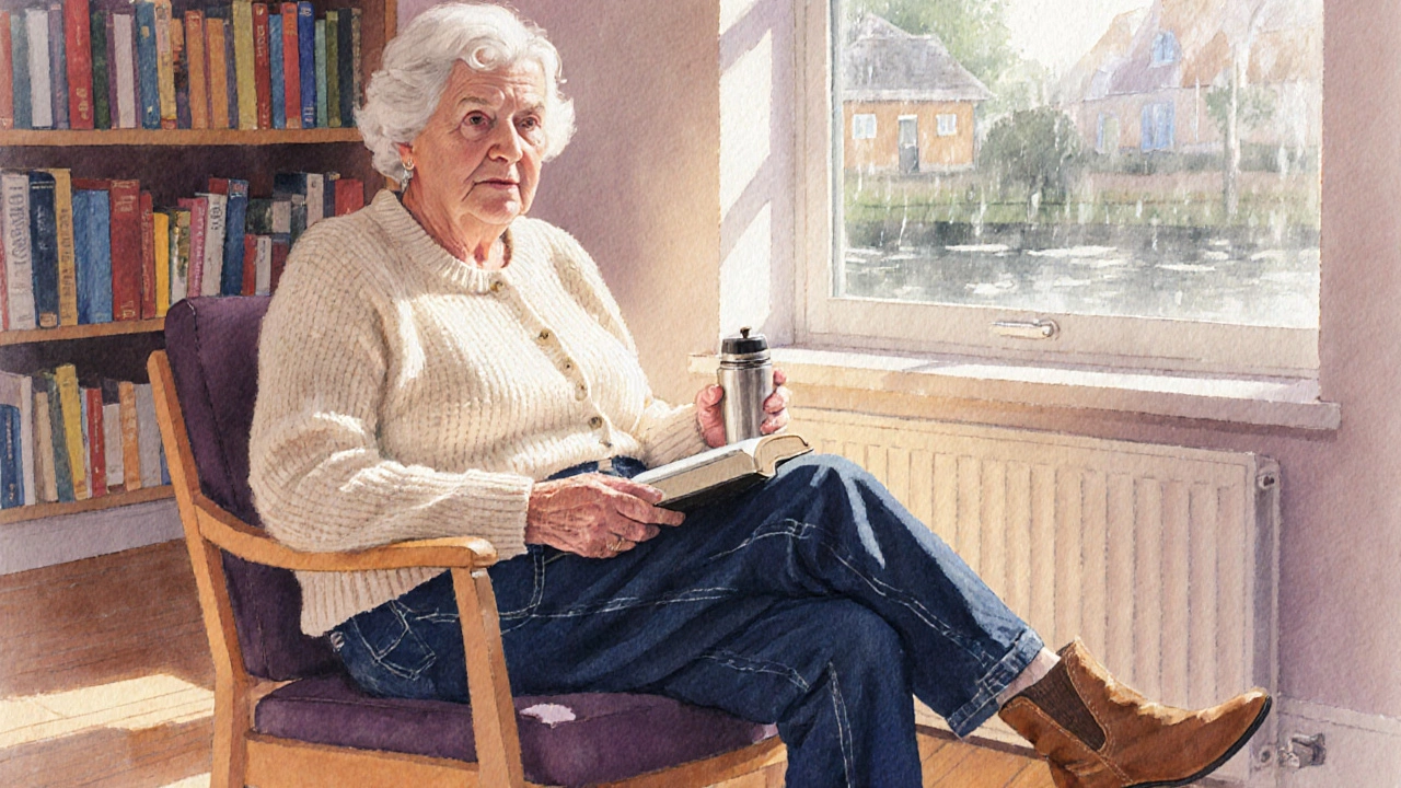 A senior woman sitting comfortably in a community hall, reading a book while wearing jeans and a cardigan, rain visible through the window.