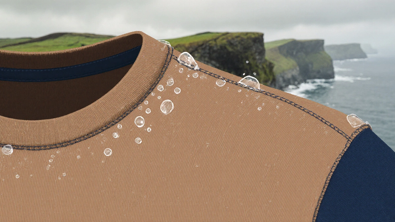 Close-up of double-stitched t-shirt seam with water droplets on fabric.