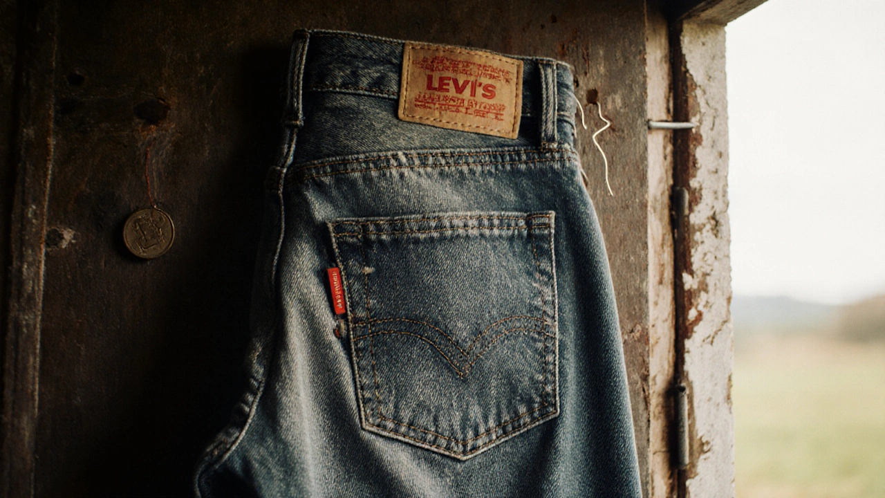 Faded Levi’s 501s hanging in a Donegal shed with needle, thread, and red tab.