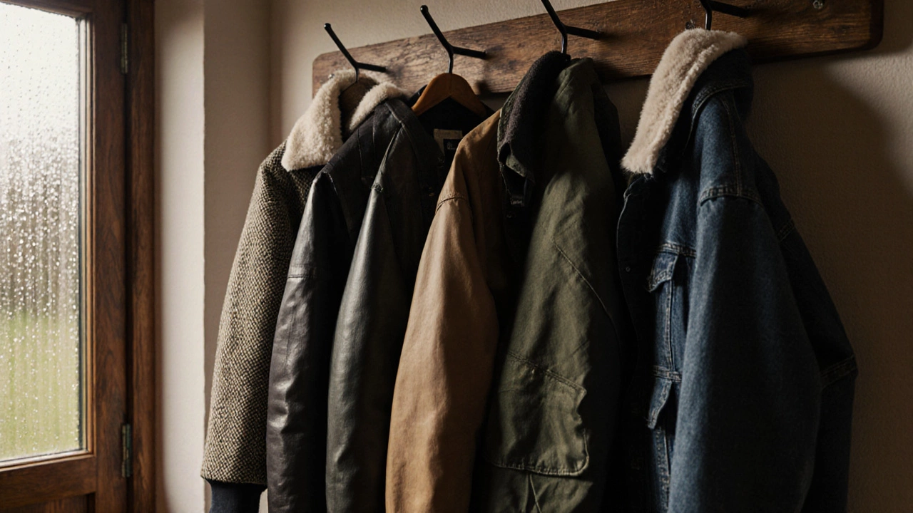 Five classic Irish jackets hanging on a wooden rack in a cottage hallway.
