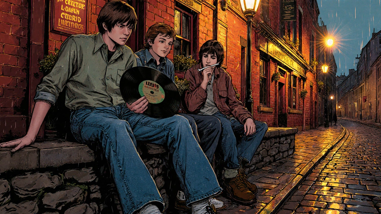 Irish teens in 1970s Levi’s 501s sitting on a stone wall near a pub.